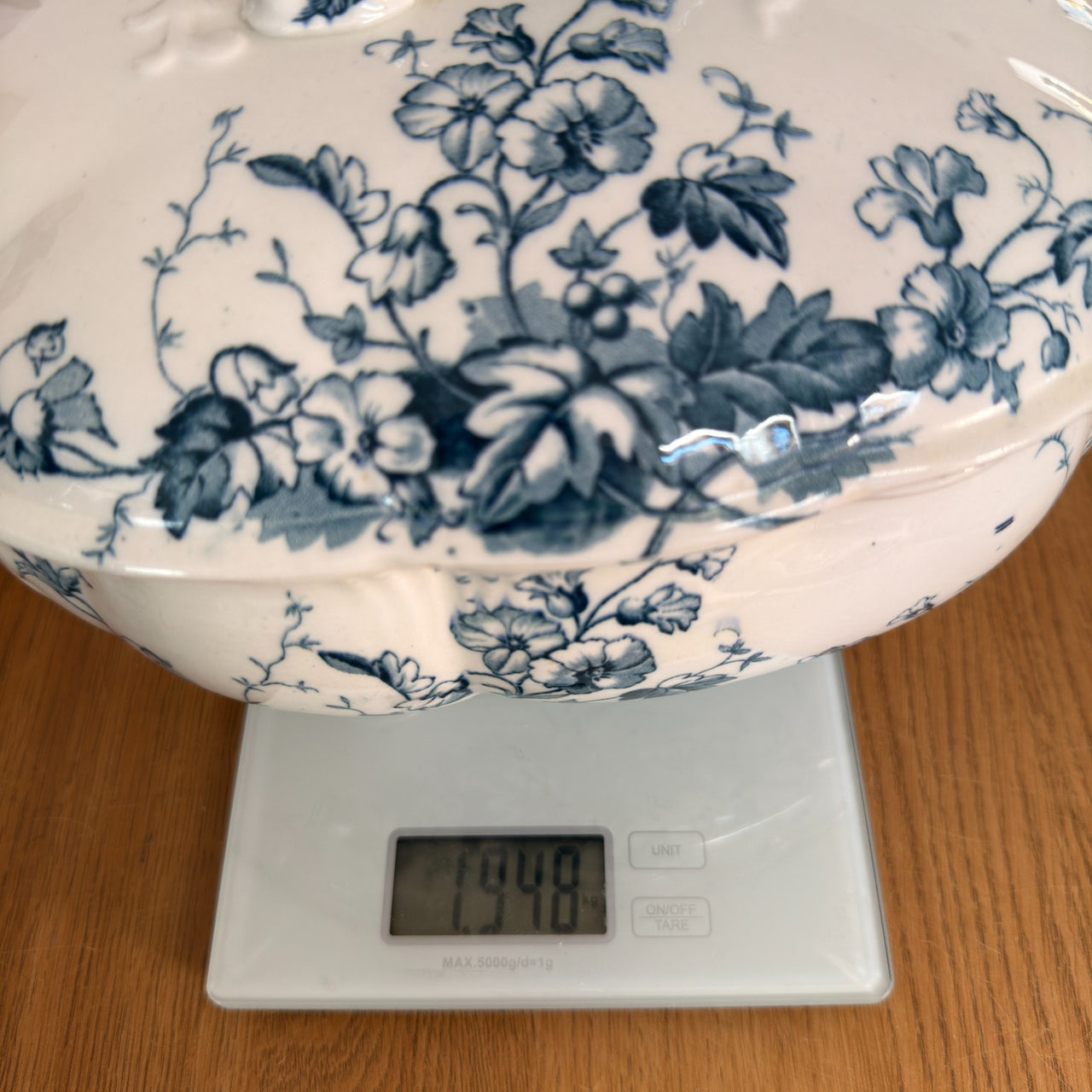 S.H. & Sons 'Ruby' Blue Transferware Tureen Lidded Floral Dish England 11” Large15