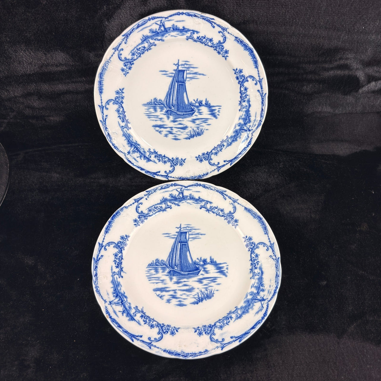 1890s plate antique Delph Blue & White Transferware Plates Sailboat Scene x2 UK17