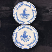 Thumbnail for 1890s plate antique Delph Blue & White Transferware Plates Sailboat Scene x2 UK17
