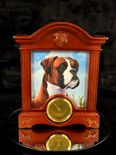 VTG Boxer Dog Wood Desk Clock & Picture Frame Pet Themed Mantel Decor see pics0