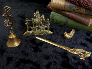Brass Desk & Decor Set, Letter Holder, Rooster Bell, Letter Opener Vintage 1