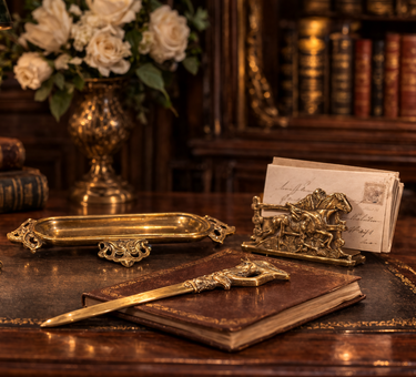Vintage Brass Desk Set – Letter Holder, Rococo Tray pen holder & Letter Opener0