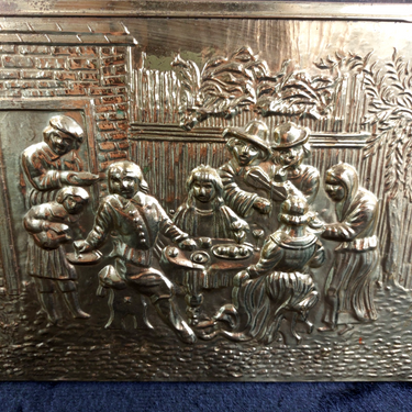 Gold Brass Magazine Rack Tavern Scene Handle Wood Back  Vintage  1