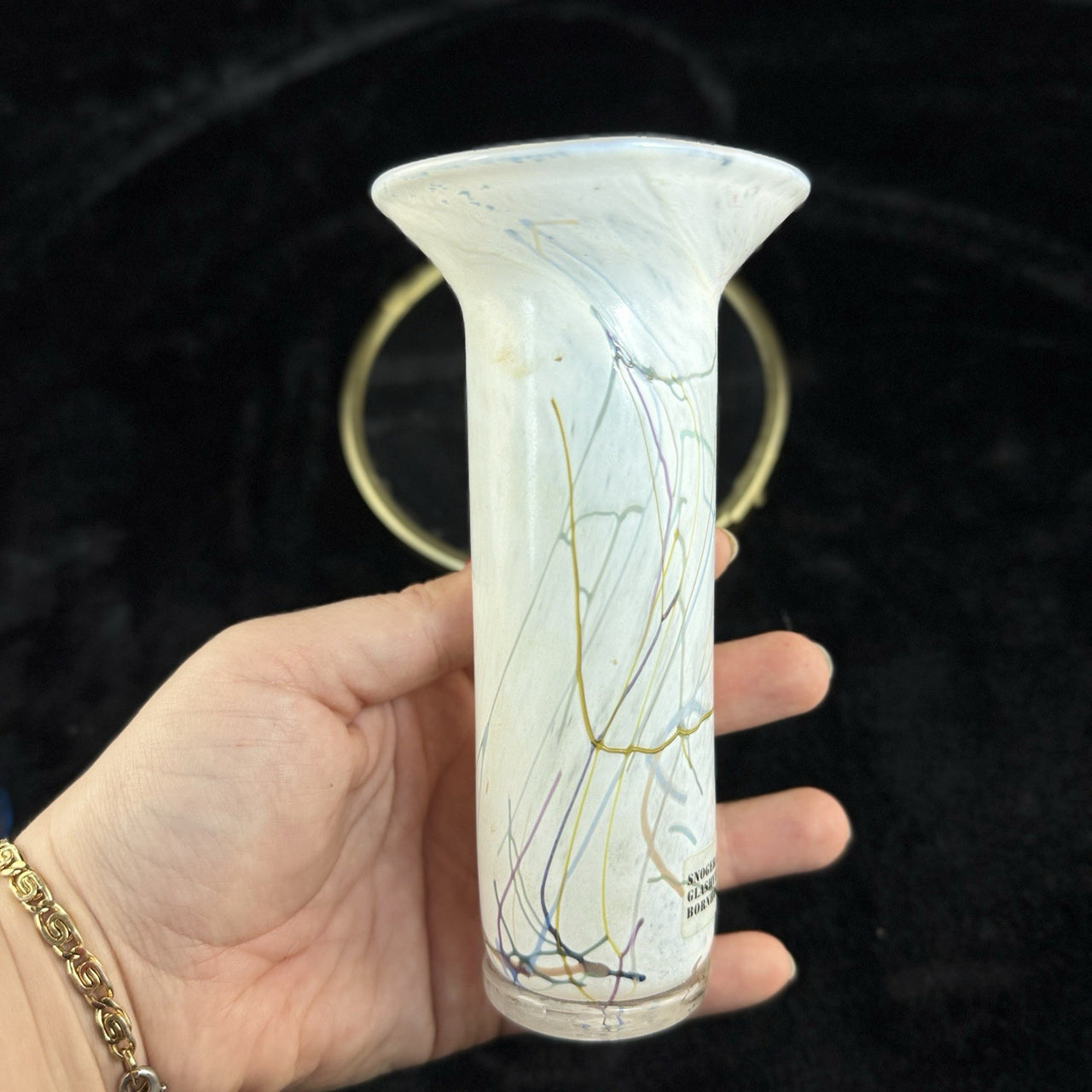 Snogebæk Bornholm Glashtte Art Glass Vase Denmark White Swirl 6.5” Signed Brand10