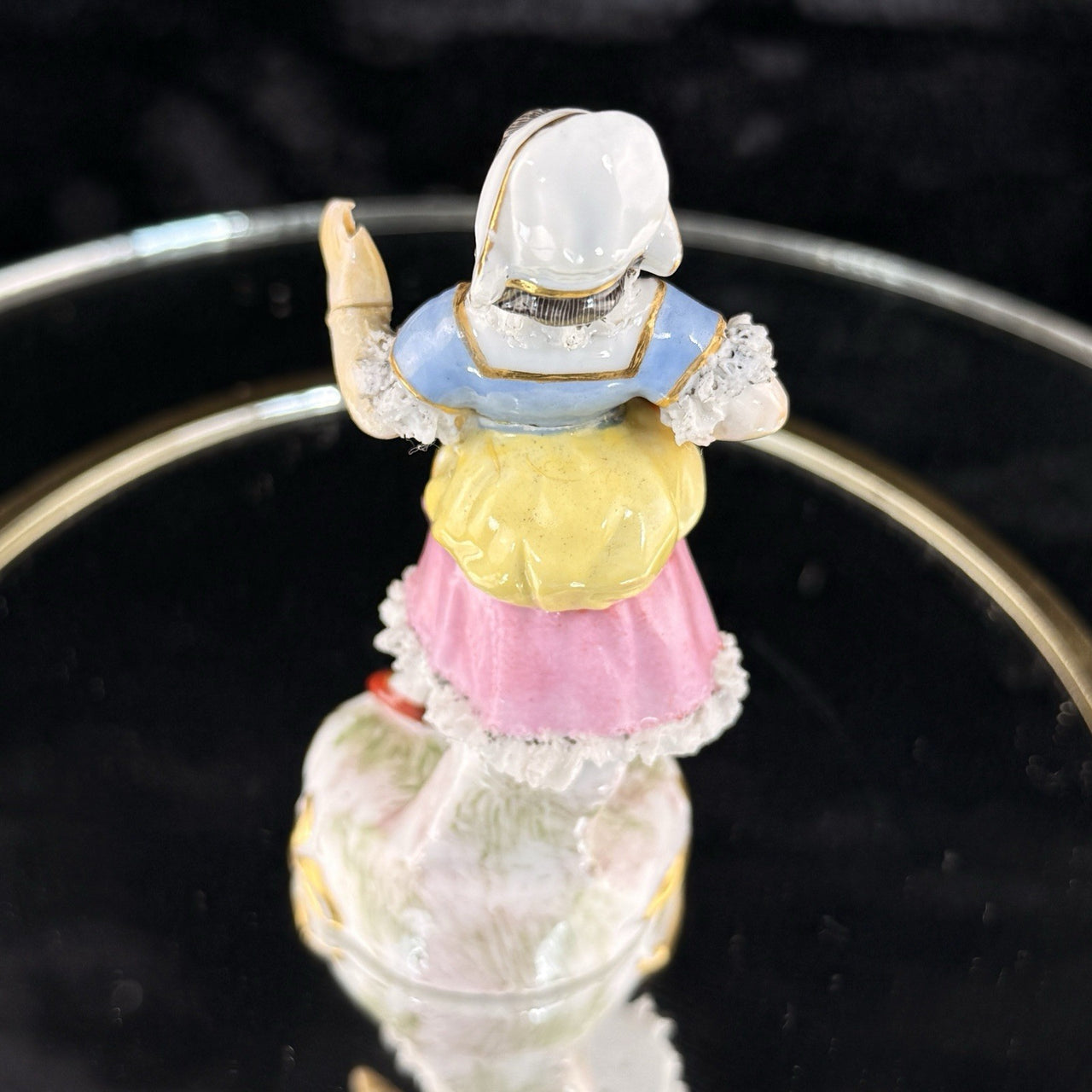 Antique German Dresden Figurine  Porcelain Woman Floral Dress Lace Trim Repaired6