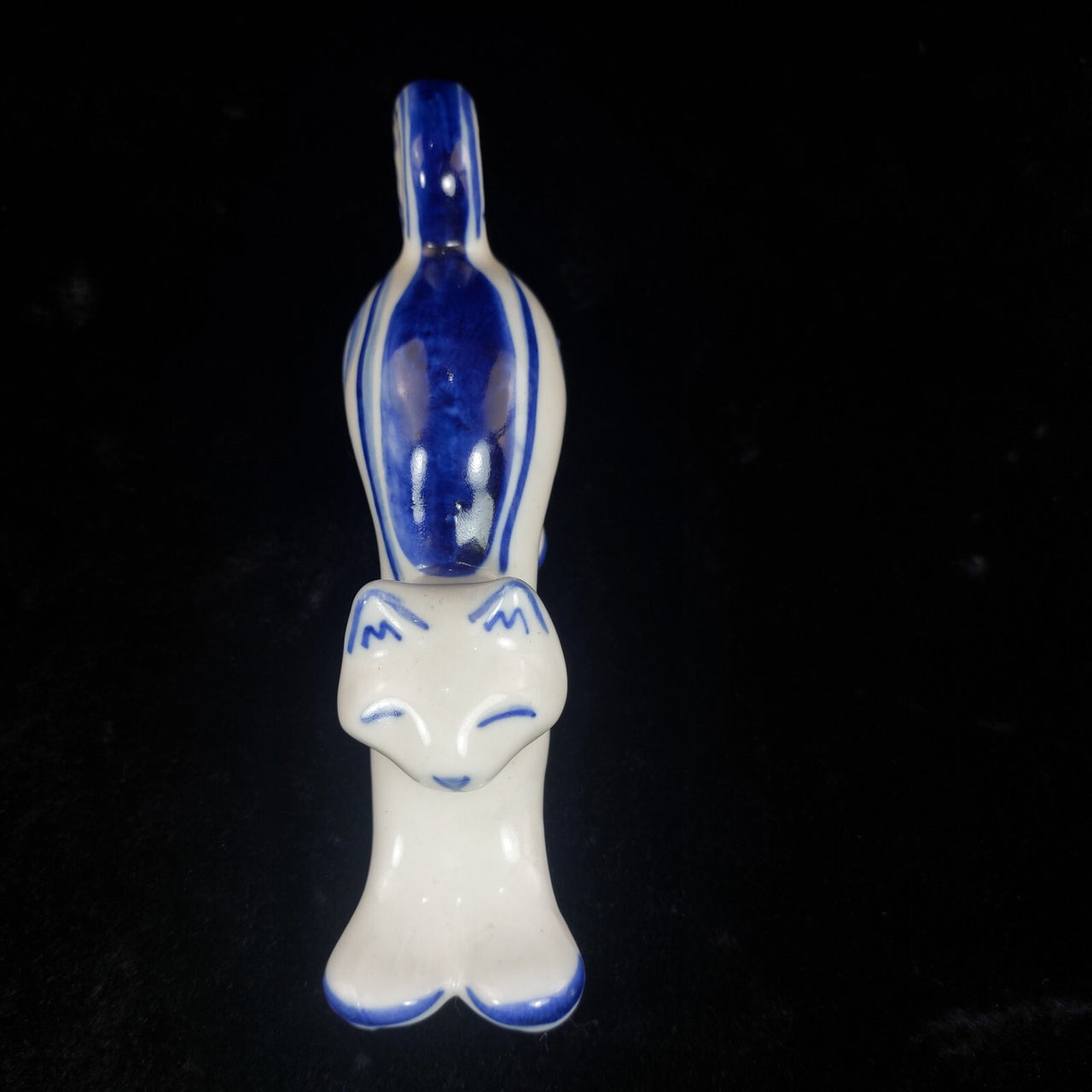 USSR Vintage Cat Figurine Good White Blue Stretching Kitten Russian Porcelain .3