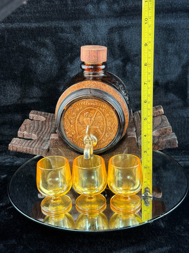 Vintage Amber Glass Barrel Decanter Set w/ Tap, 3 Glasses, Tray, Wood Stand 1.6k1