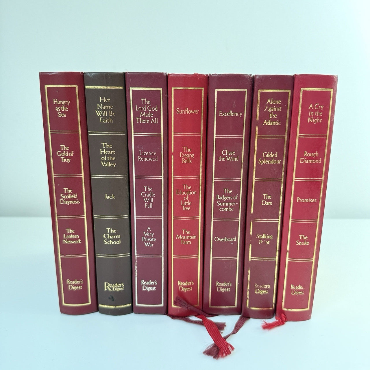 Reader’s Digest Condensed 1980s Books Set x7 Red Leatherette Bookshelf Deco0