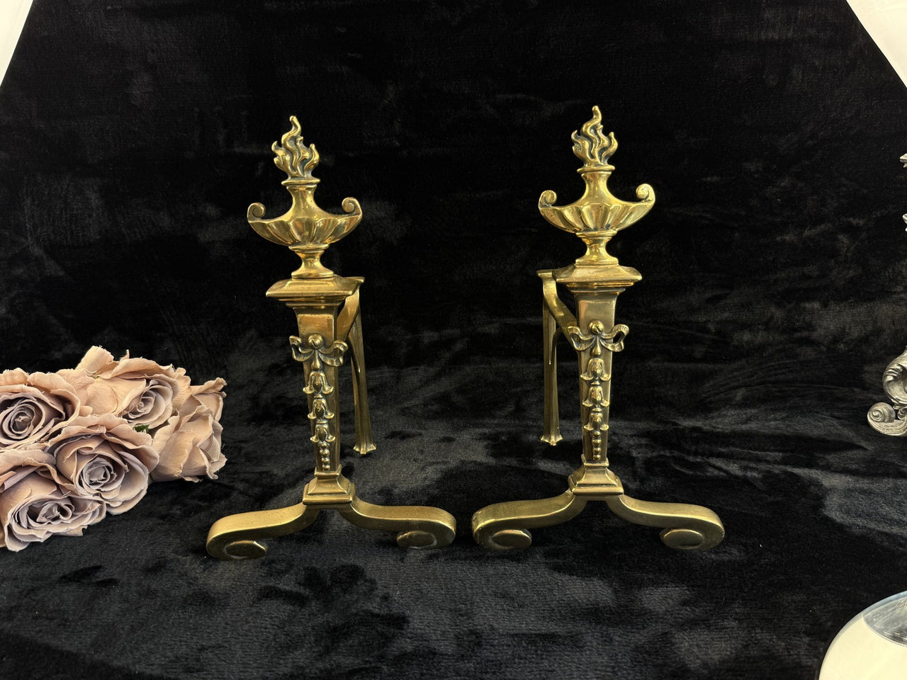 Antique Brass Fireplace Firedogs Andirons Pair - Georgian Neoclassical Style11