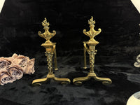Thumbnail for Antique Brass Fireplace Firedogs Andirons Pair - Georgian Neoclassical Style11