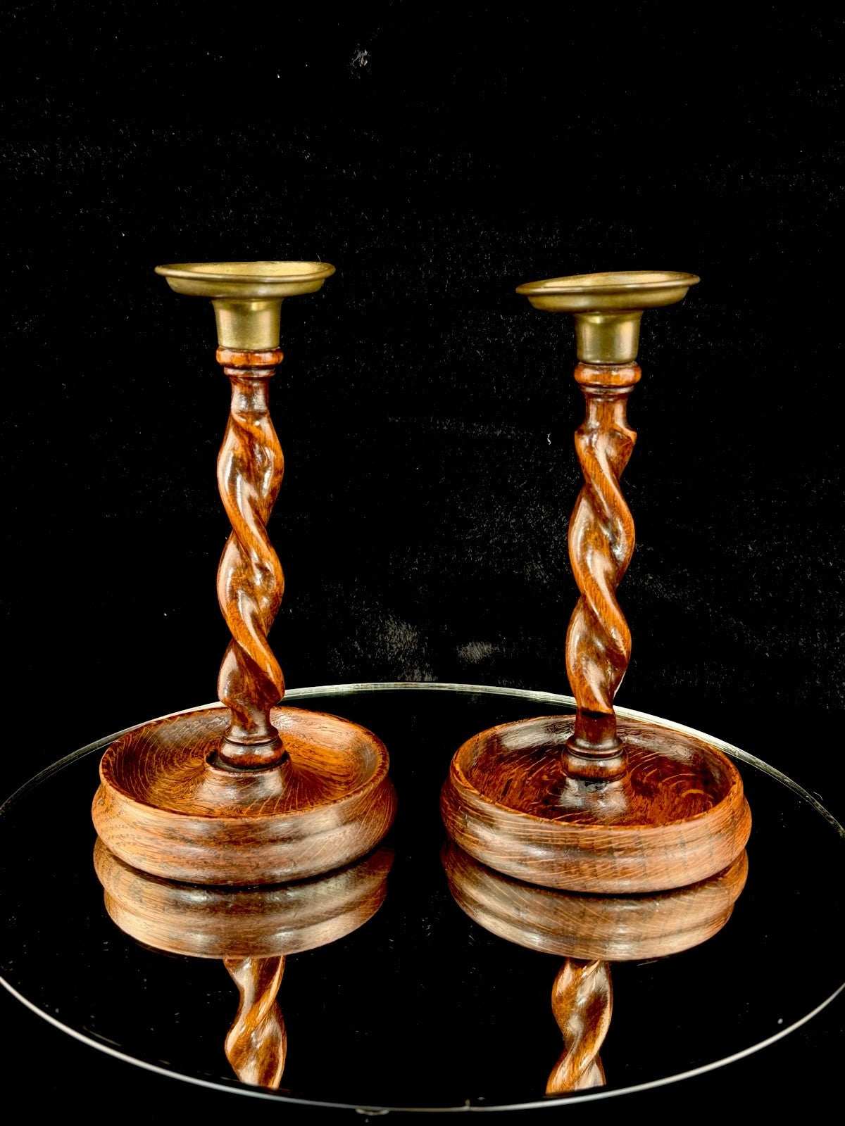 Antique Twist Barley Wood Candlesticks 8” Pair candle Holders English Brass.0