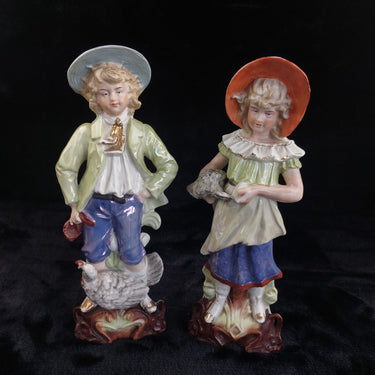 Antique Porcelain Boy Girl Figurines Chicken Poultry Farmyard Pair 10.5