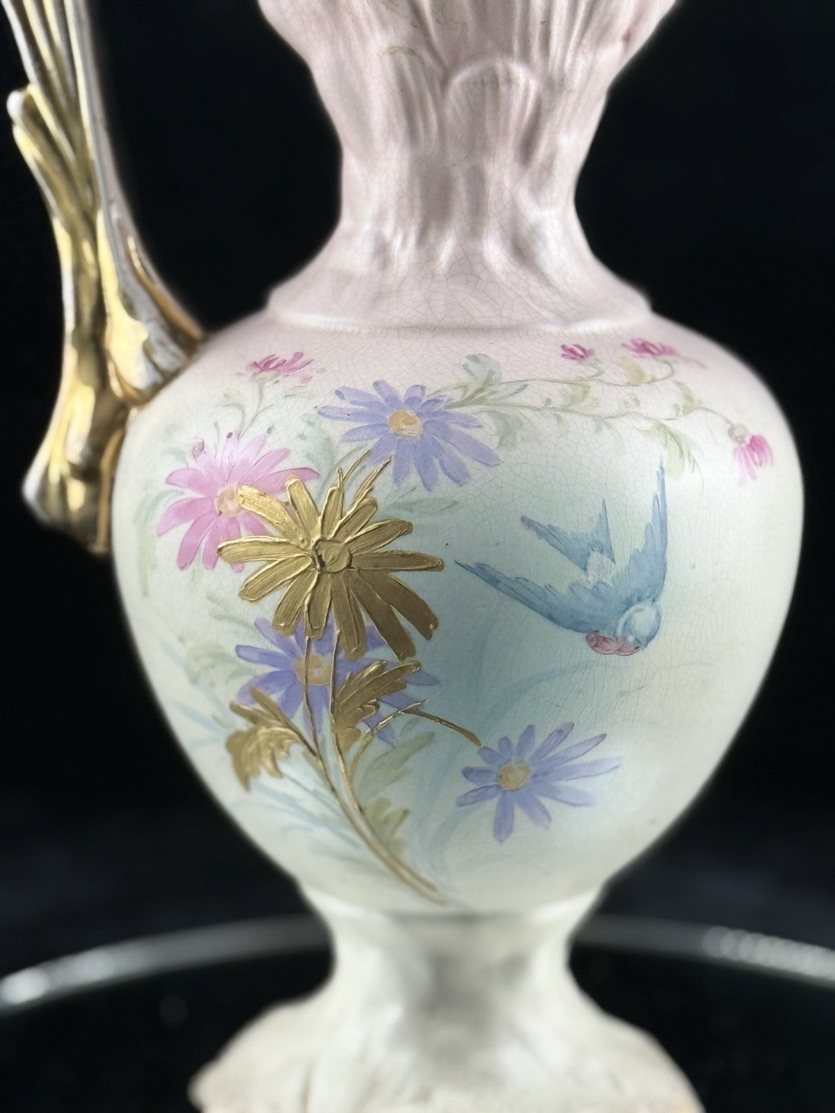 Victorian Style Floral Pitcher Vase Pink Gold Handle Bird Flowers 13" Ceramic3