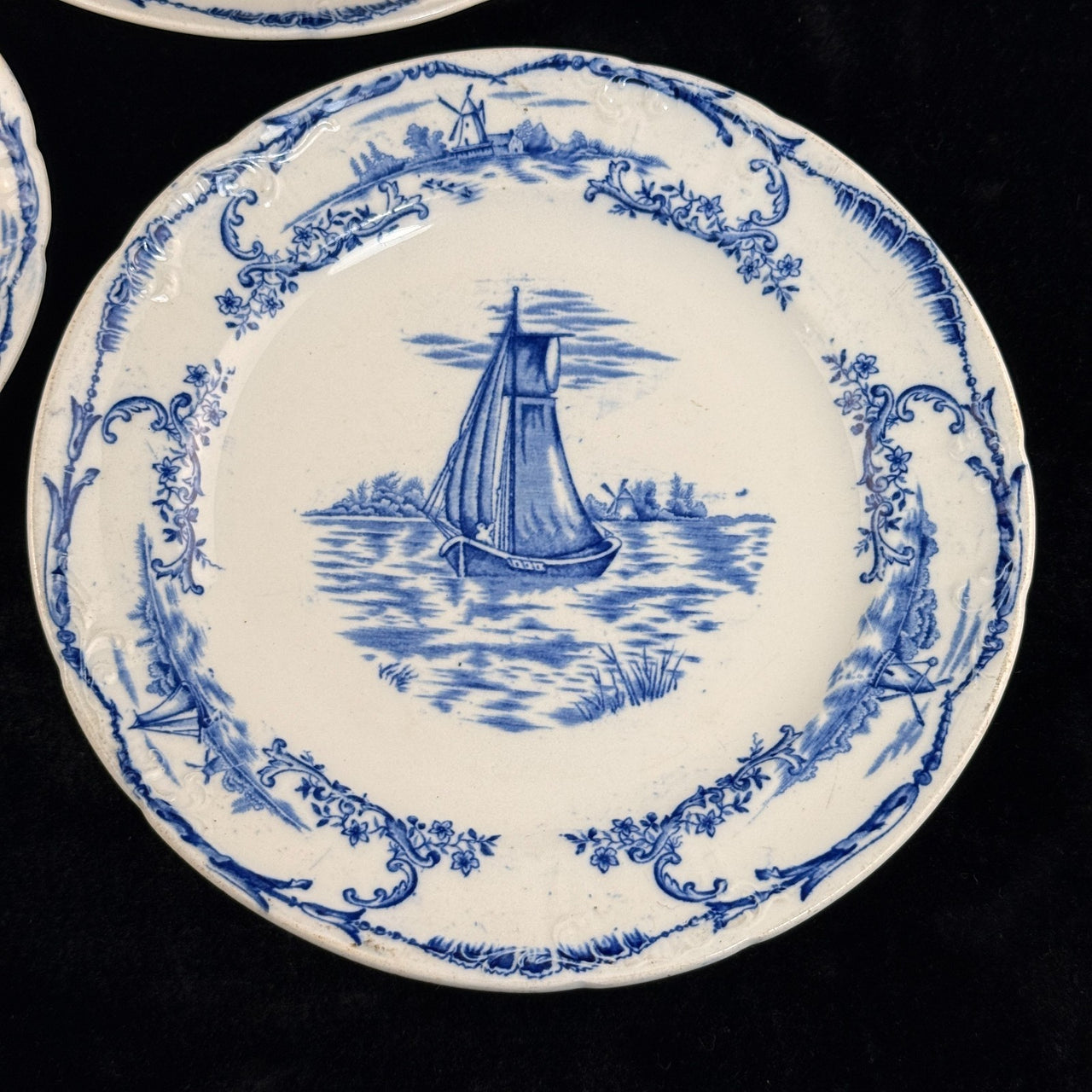 ANTIQUE Blue&White Delph Transferware Plates x3 1896 Sailboat Windmill Scene Set2