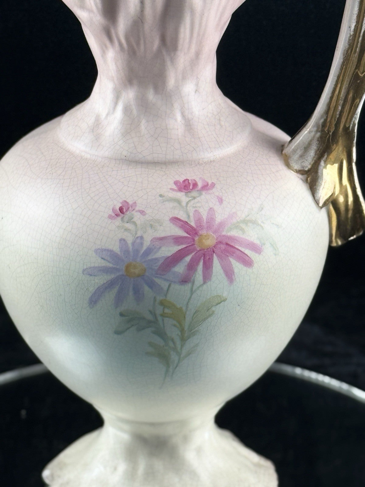 Victorian Style Floral Pitcher Vase Pink Gold Handle Bird Flowers 13" Ceramic6