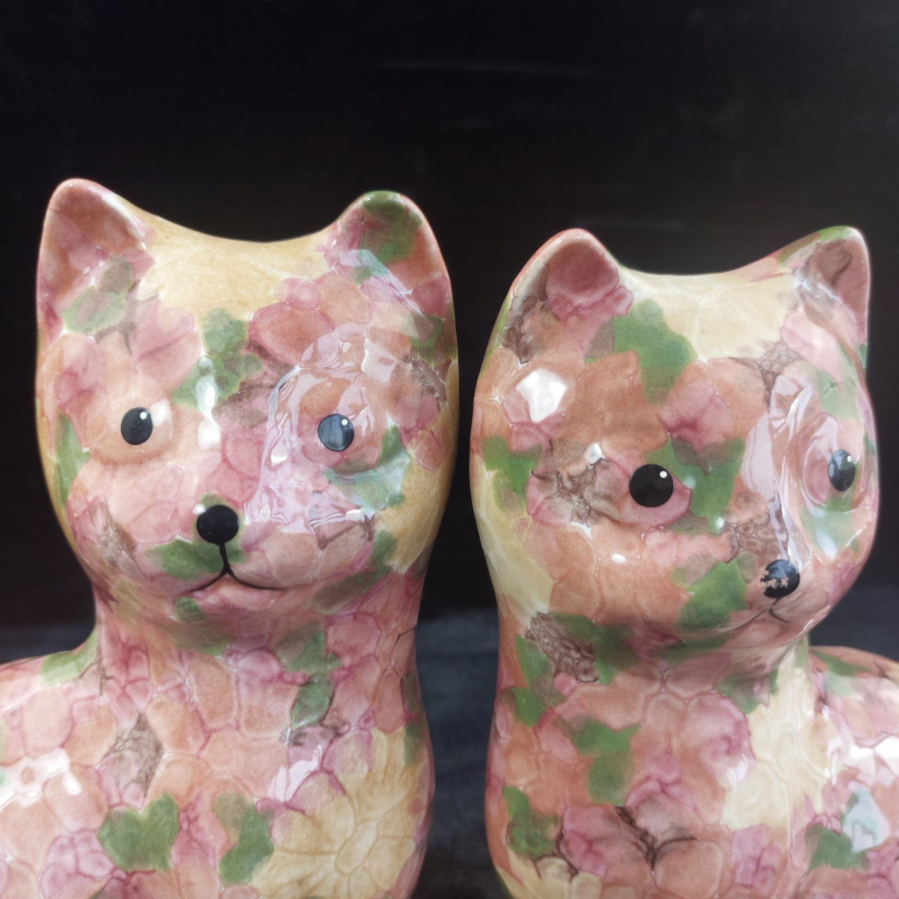 Rose Park Cat Pair Good Floral Crackle Glaze 8.5" Figurines England Ceramic2