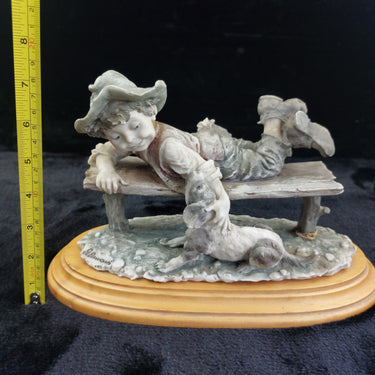 G. Armani Figurine Acceptable 1990 Boy Bench Dog Signed    SculptureVintage 7.51