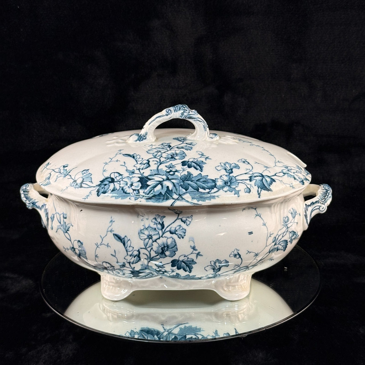 S.H. & Sons 'Ruby' Blue Transferware Tureen Lidded Floral Dish England 11” Large0