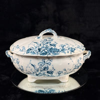 Thumbnail for S.H. & Sons 'Ruby' Blue Transferware Tureen Lidded Floral Dish England 11” Large0