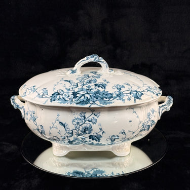 S.H. & Sons 'Ruby' Blue Transferware Tureen Lidded Floral Dish England 11” Large0