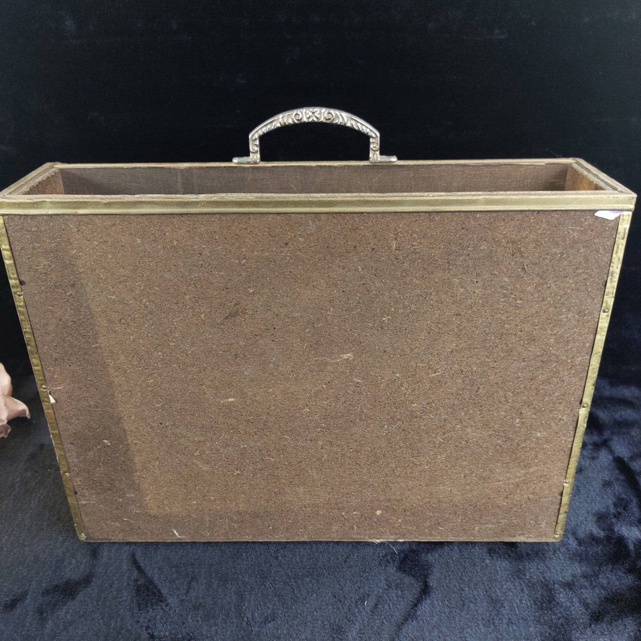 Gold Brass Magazine Rack Tavern Scene Handle Wood Back  Vintage  11