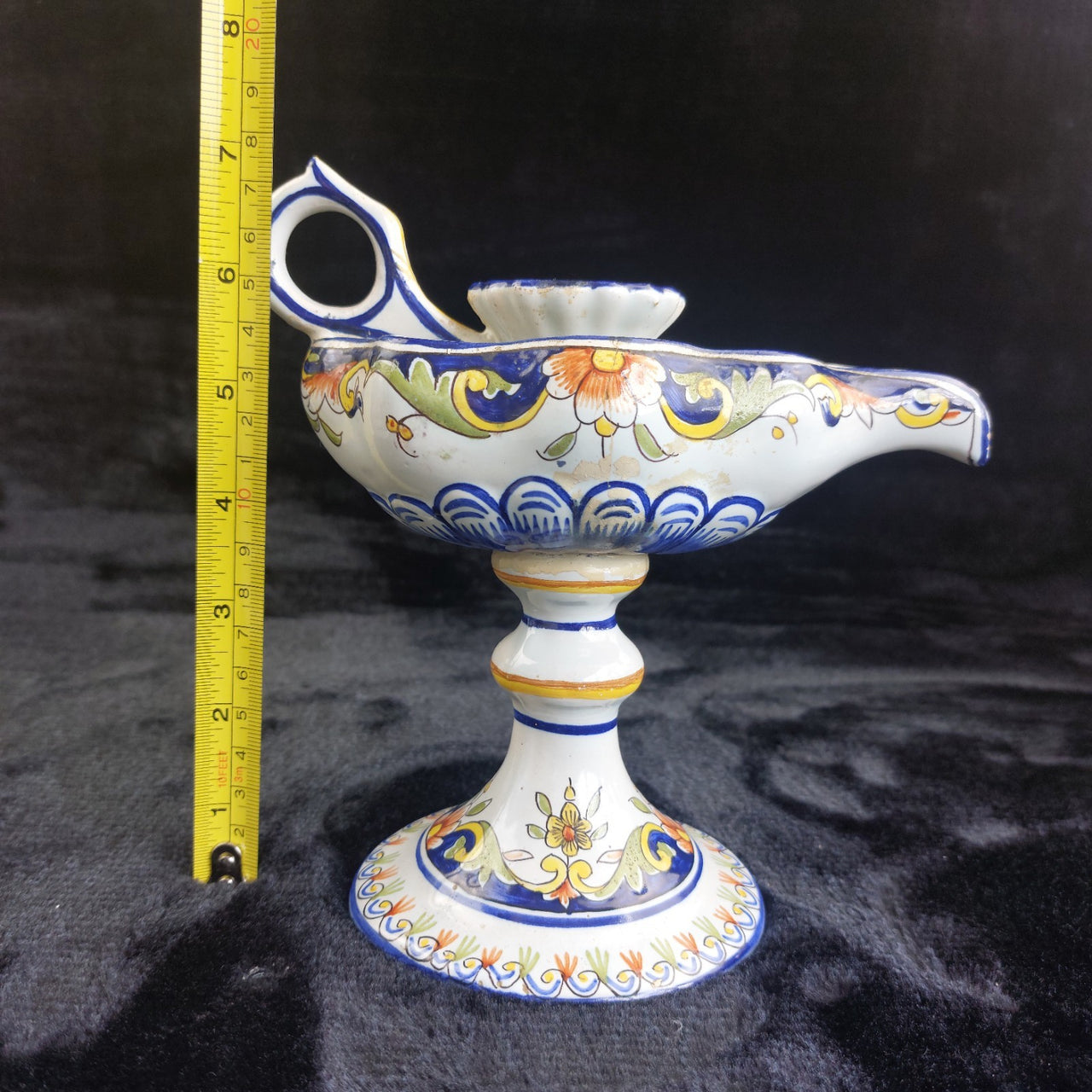 Italian Antique Majolica Faience Candle Holder Floral Hand Painted Coat of Arms 2