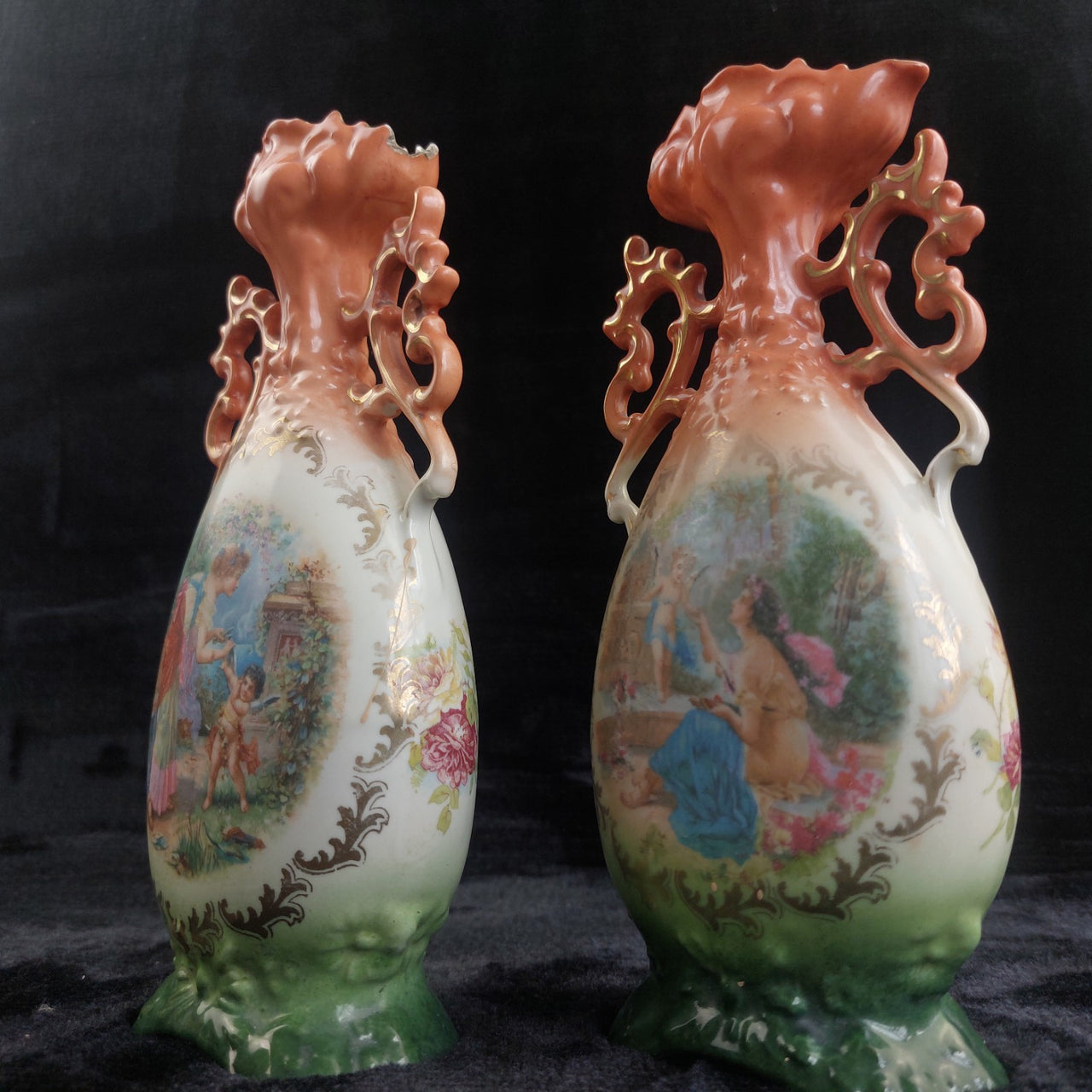 Victoria Austria Porcelain Vase Pair Handled Romantic Scene Antique Decor. 9in8