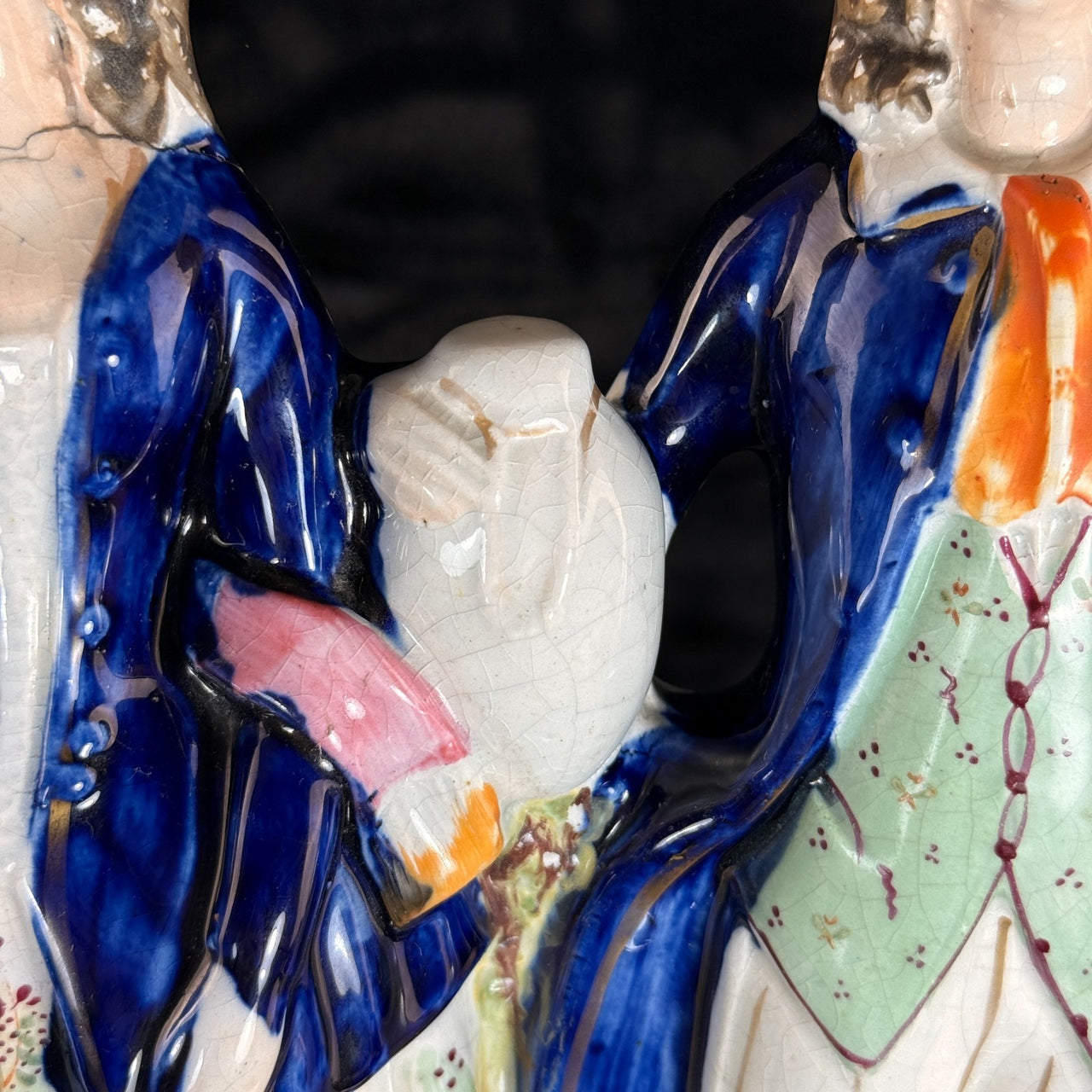 19th Century antique Staffordshire Pottery Large Figure Couple Flatback repaired8