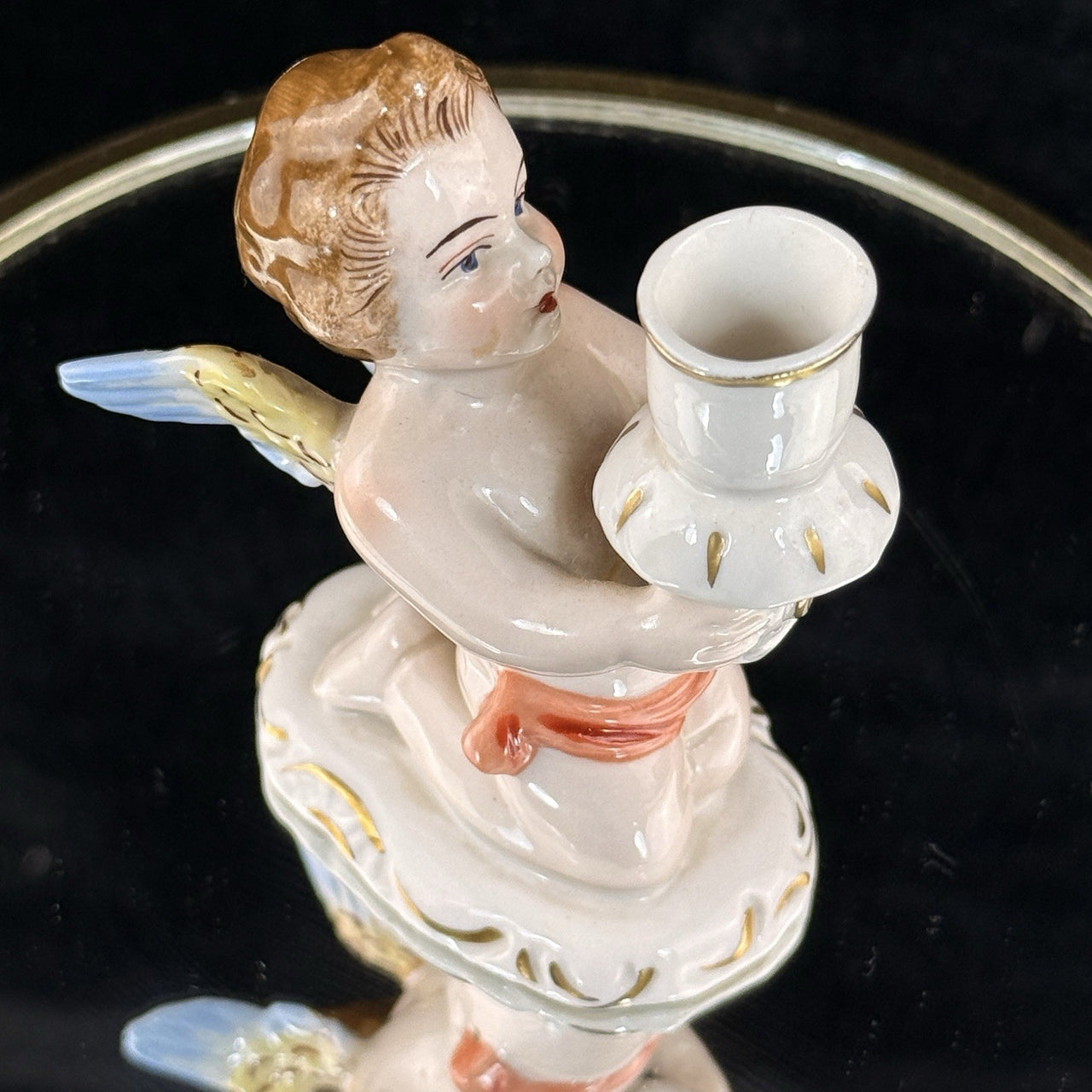 Antique German Dresden Cherub Candle Holder Figurine Winged Putto 3.5” Repaired2
