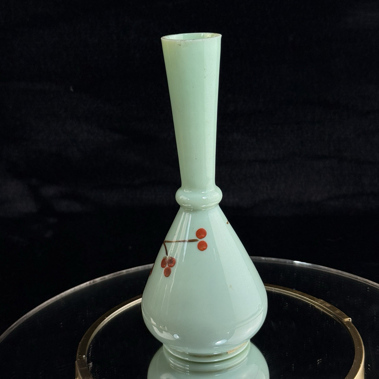 Antique Milk Glass Vase Floral Red Enamel 7” Bud Bottle Style decor see pics7