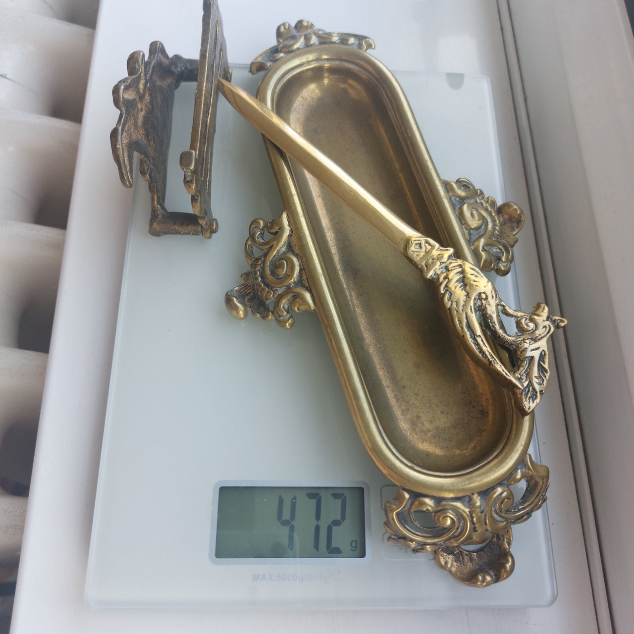 Vintage Brass Desk Set – Letter Holder, Rococo Tray pen holder & Letter Opener18