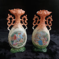 Thumbnail for Victoria Austria 9in Porcelain Vase Pair – Handled Romantic Scene Antique Decor3