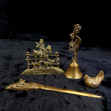 Brass Desk & Decor Set, Letter Holder, Rooster Bell, Letter Opener Vintage 0
