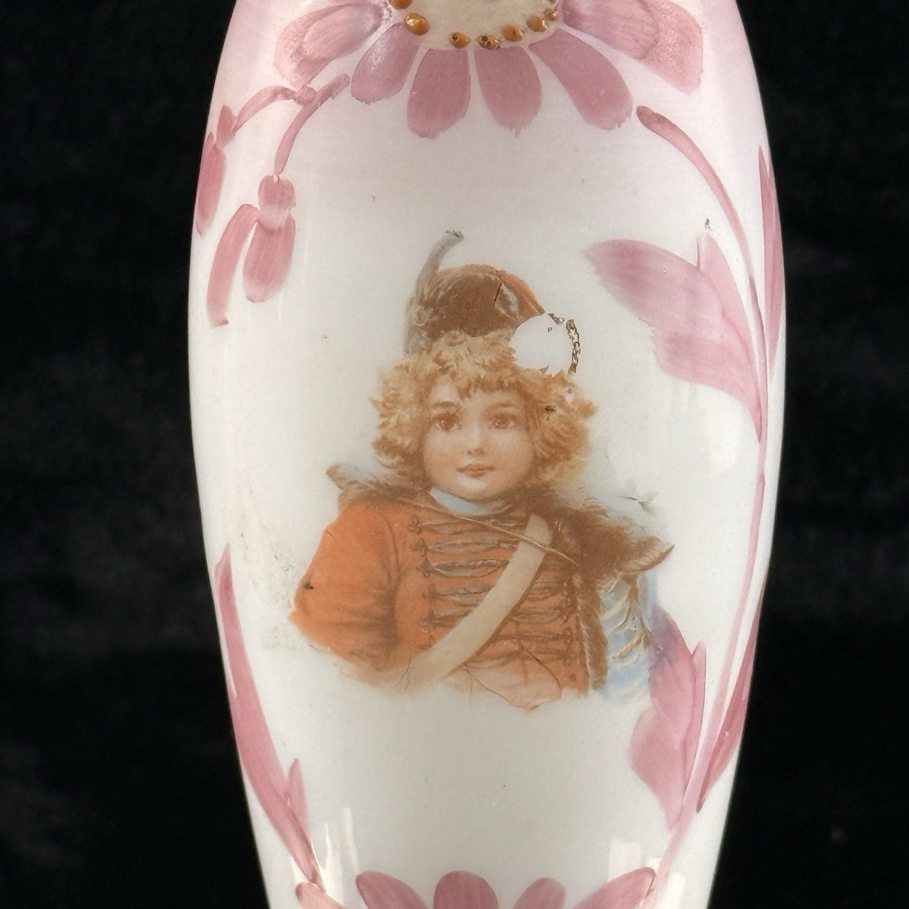 Victorian Pink Milk Glass Vase Portrait Enamel 8” Antique Vase bedroom vtg decor5