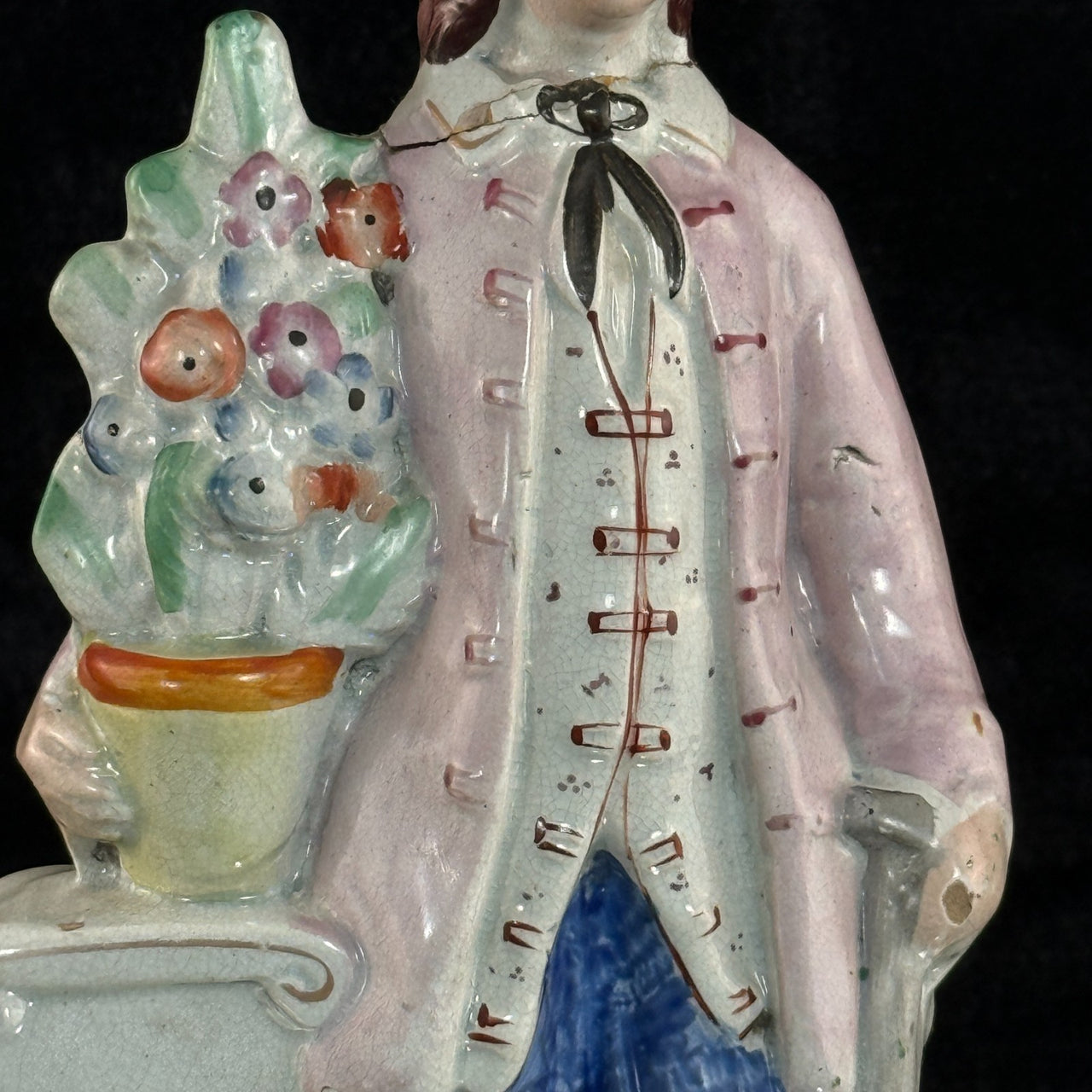 1800s antique Staffordshire Figurine Man Pink Jacket Floral Column repaired2