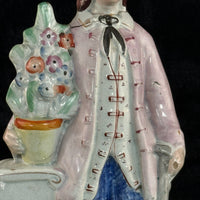 Thumbnail for 1800s antique Staffordshire Figurine Man Pink Jacket Floral Column repaired2