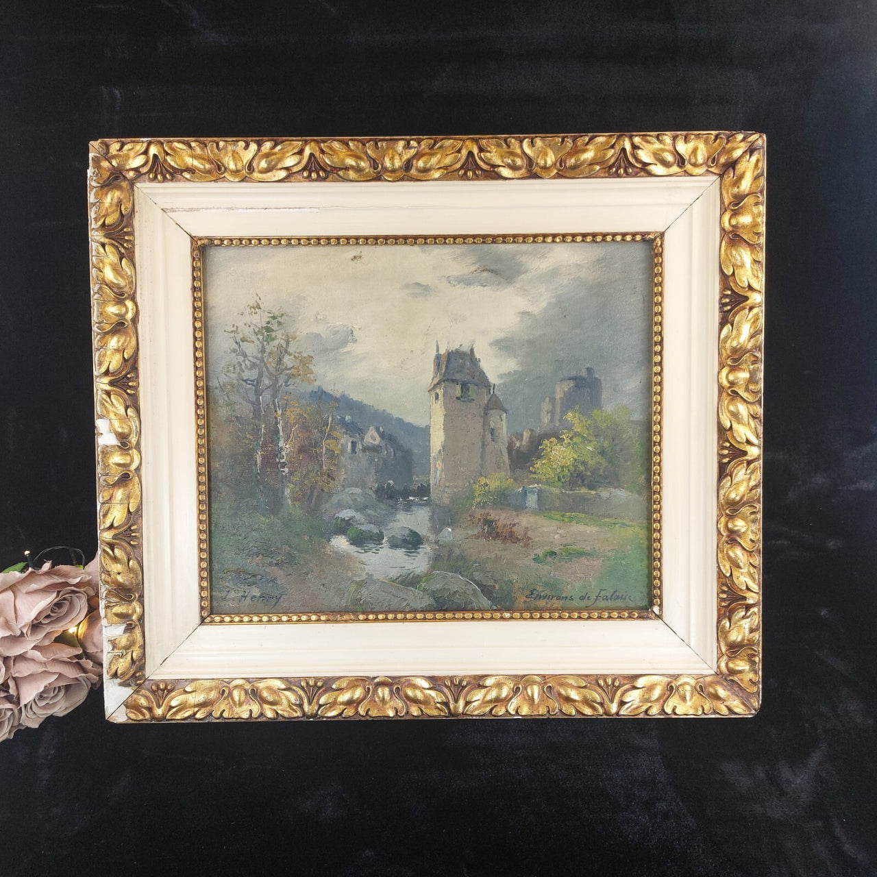 19th L. Century Henry Oil painting Castle Study 44×36cm See Gold Frame Antique.2