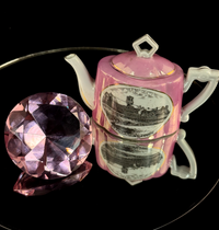 Thumbnail for Clear & Pink Collectibles Lot - Miniature Souvenir Teapot & Crystal Diamond Rare1