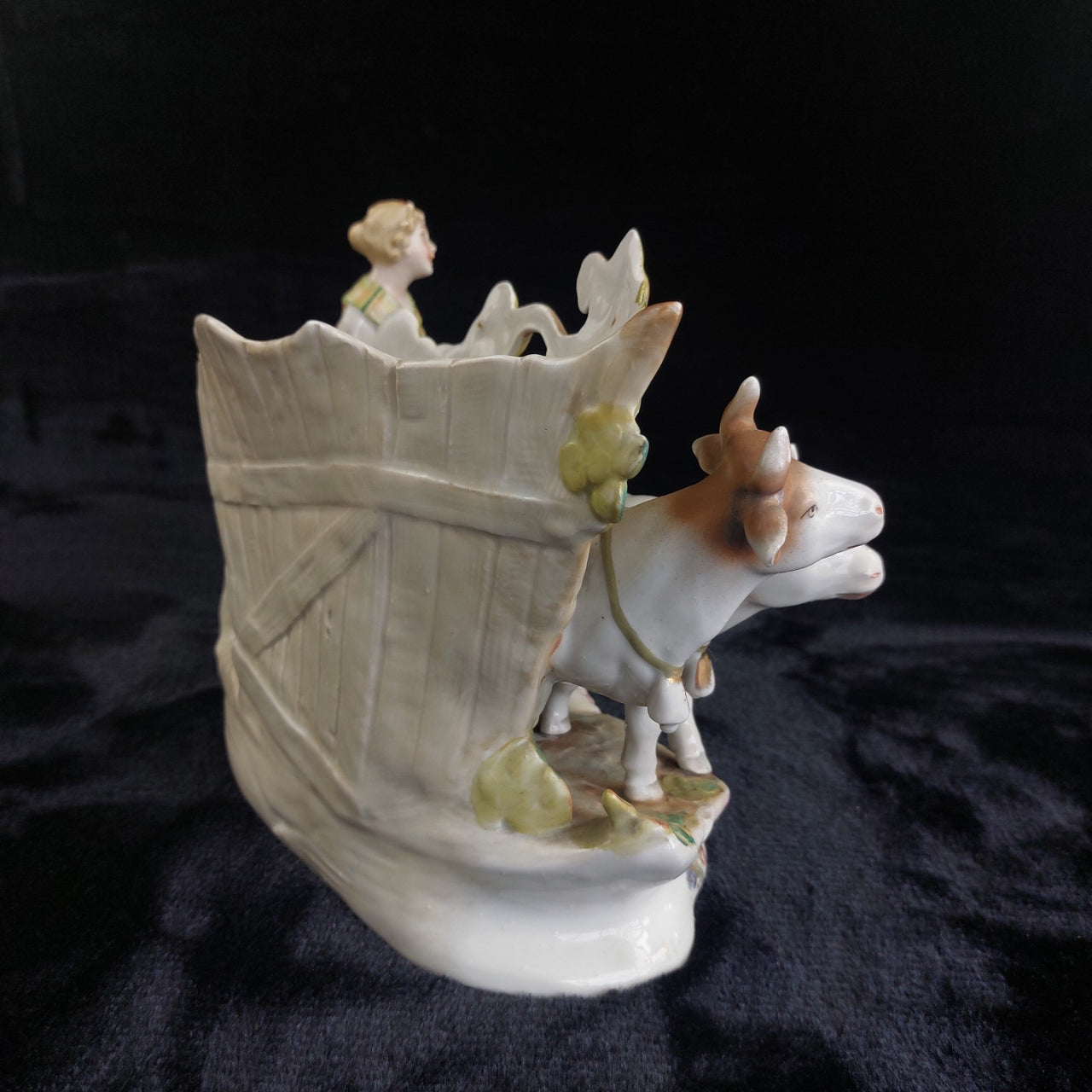 German Antique Porcelain Girl Oxen Cart Planter – Hand Painted 7"x10" 1261g8