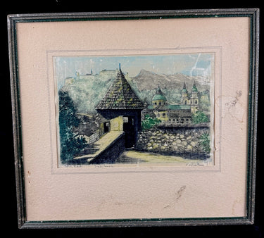Etching Salzburg Scene Watercolored on Silk Signed Framed Painting 13x11”0