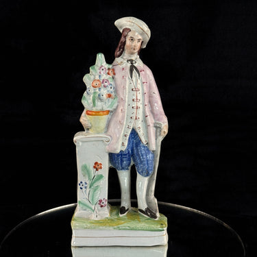 1800s antique Staffordshire Figurine Man Floral Column Pink Jacket repaired1