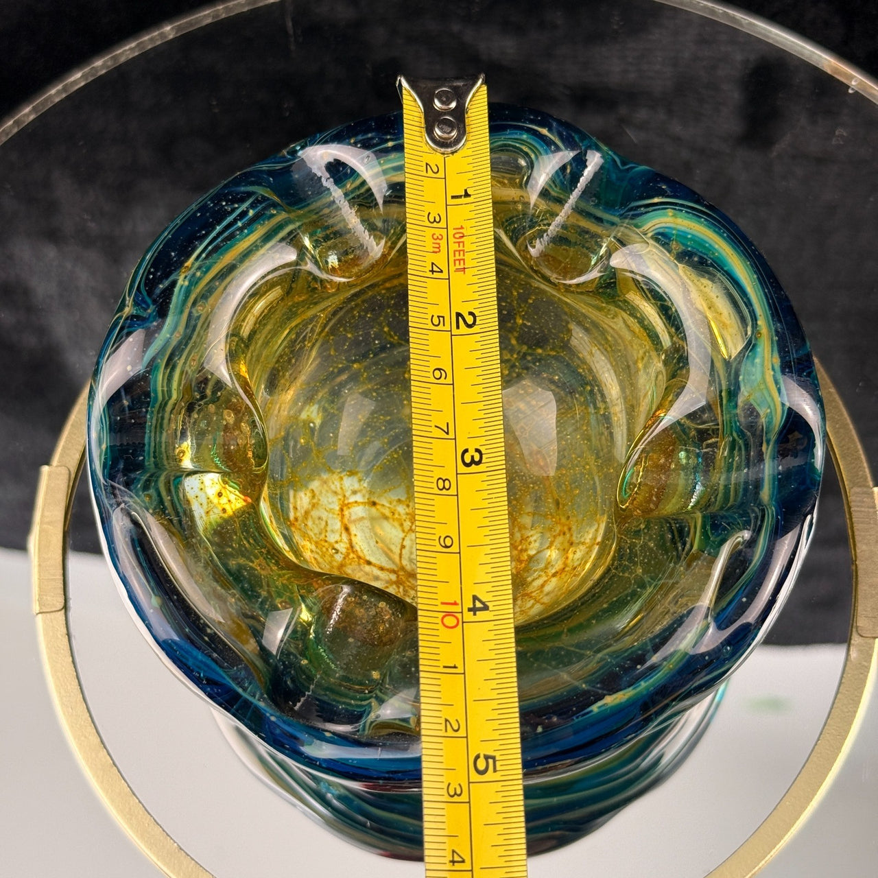 Mdina Malta Art Glass Ashtray 80s Blue Yellow Swirl 13cm Heavy see the pics deco11