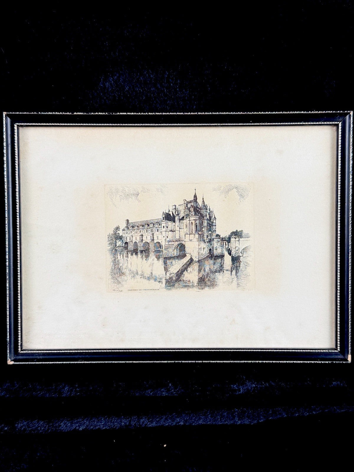 French Castle Vintage Château de Chenonceaux Framed Etching Print Art Drawing.0