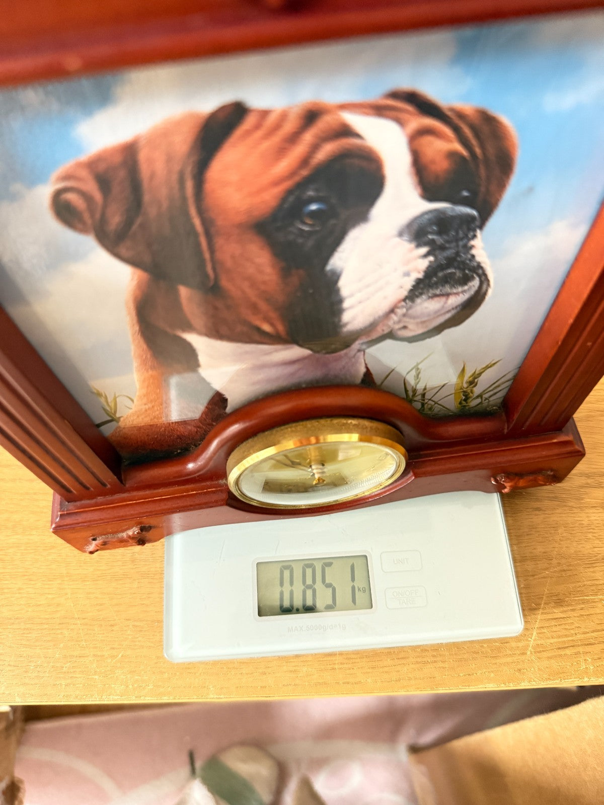 Vtg Boxer Dog Wood Desk Clock & Picture Frame Pet Themed Mantel Decor see pics16