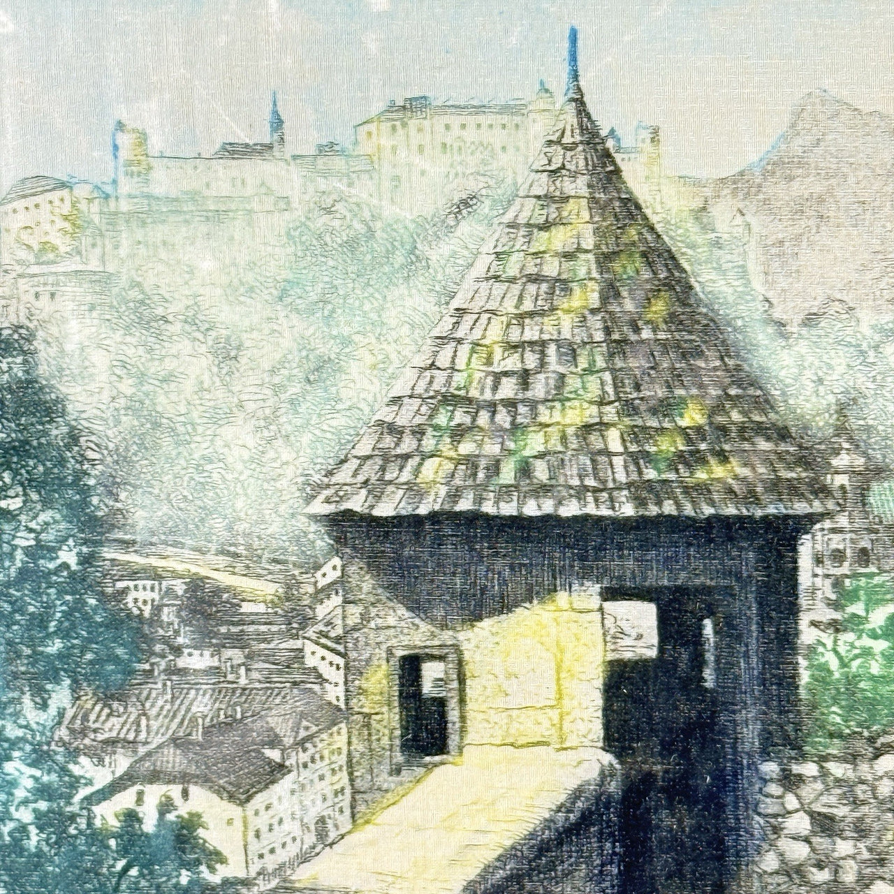 Salzburg Scene Etching Watercolored on Silk Signed Framed Painting 13x11” Print3