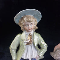 Thumbnail for Antique Porcelain Boy & Girl Figurines Pair Poultry Chicken Farmyard 10.5