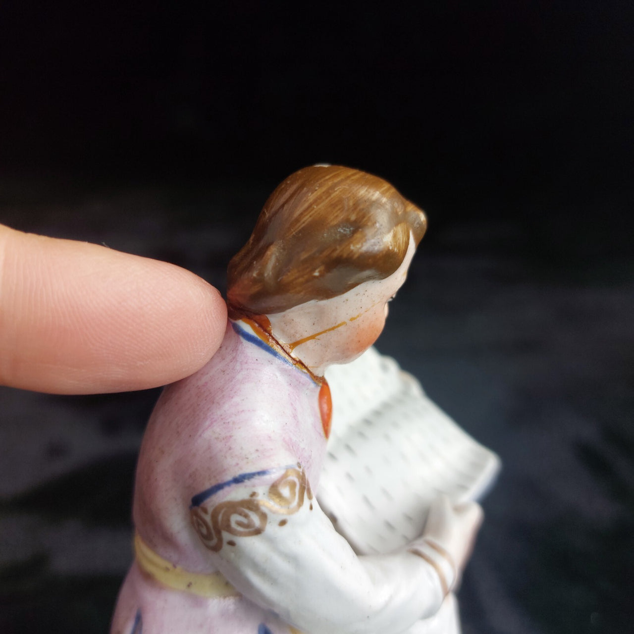 Staffordshire Figurine Reading Man Book 6" Repaired Neck, chipped foot Vintage.11