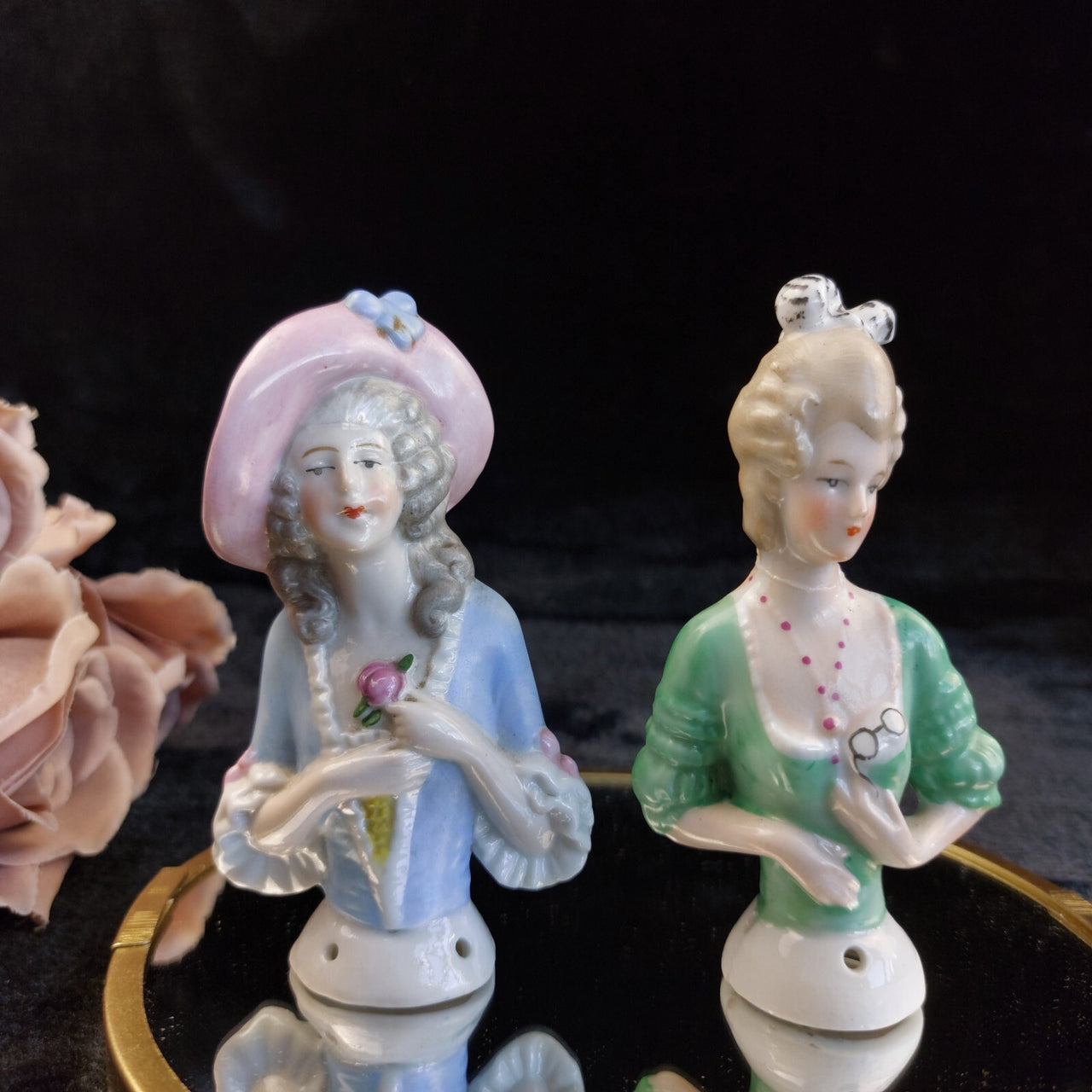 Germany Half Porcelain Doll Pair Lady Figurines Hand Painted 4.2 in 1006 Vintage0