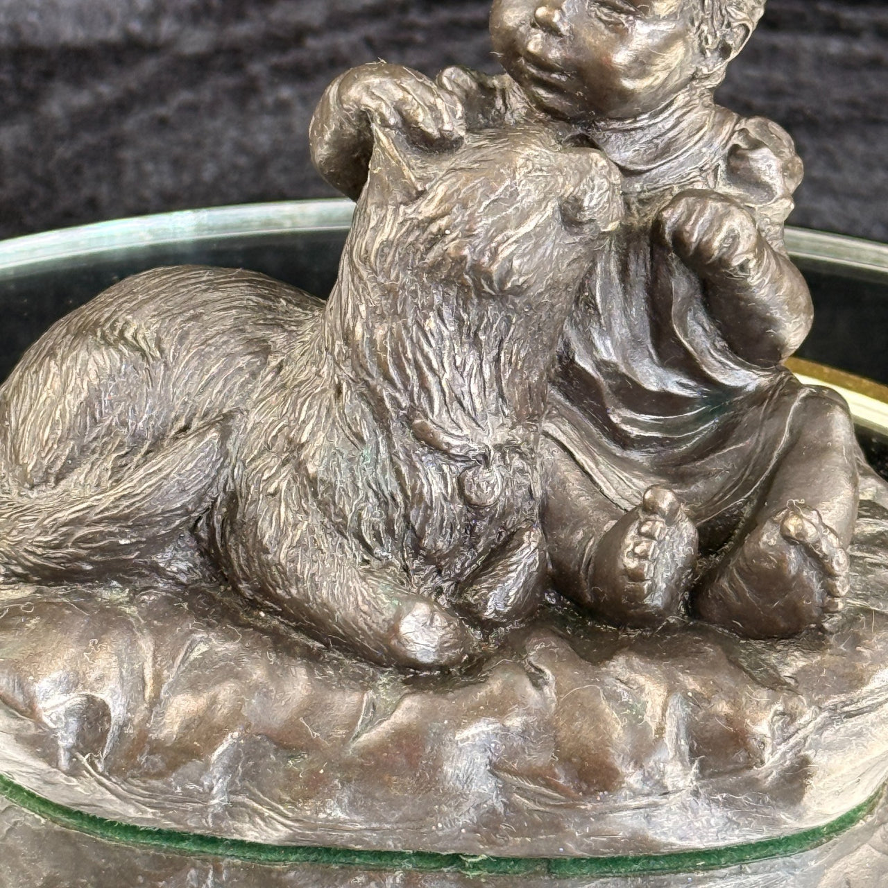 Vintage Bronze signed Baby with Dog Sculpture – 4.5" Wide 4" Tall Figurine gift13