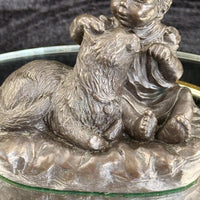 Thumbnail for Vintage Bronze signed Baby with Dog Sculpture – 4.5